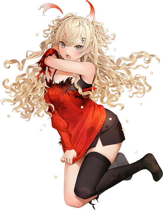 1girl, asymmetrical_legwear, bad_discord_link, bad_link, black_skirt, black_thighhighs, blonde_hair, burnt_clothes, clothes_tug, detached_horns, full_body, grey_eyes, horns, hoshiakari_(c2_kikan), kantai_collection, looking_at_viewer, minneapolis_(kancolle), minneapolis_(setsubun)_(kancolle), off-shoulder_sweater, off_shoulder, official_art, red_sweater, skirt, smile, solo, standing, sweater, sweater_tug, thighhighs, torn_clothes, transparent_background, two_side_up, uneven_legwear, wavy_hair