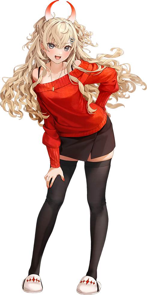 1girl, bad_discord_link, bad_link, black_skirt, black_thighhighs, blonde_hair, full_body, grey_eyes