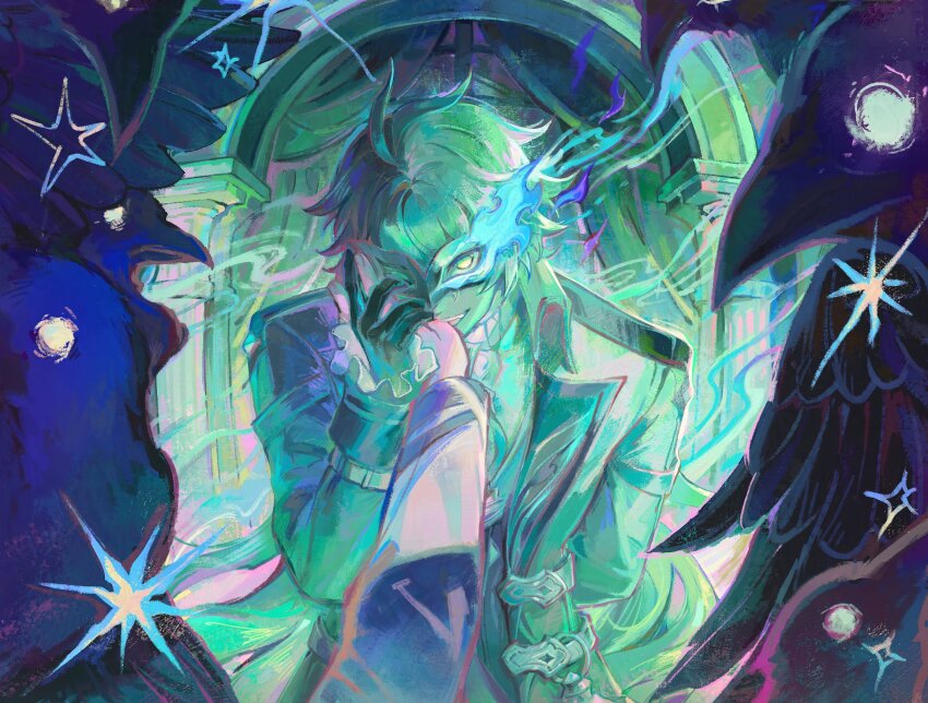 1boy, 1other, antenna_hair, arch, arm_behind_back, bird, black_gloves, black_vest