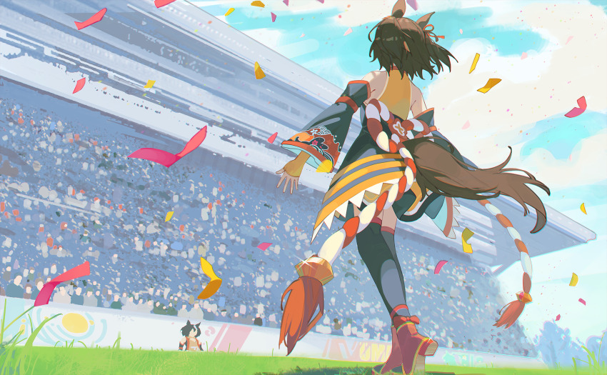 6+boys, 6+girls, animal_ears, bare_shoulders, black_hair, black_kimono, black_thighhighs, boots