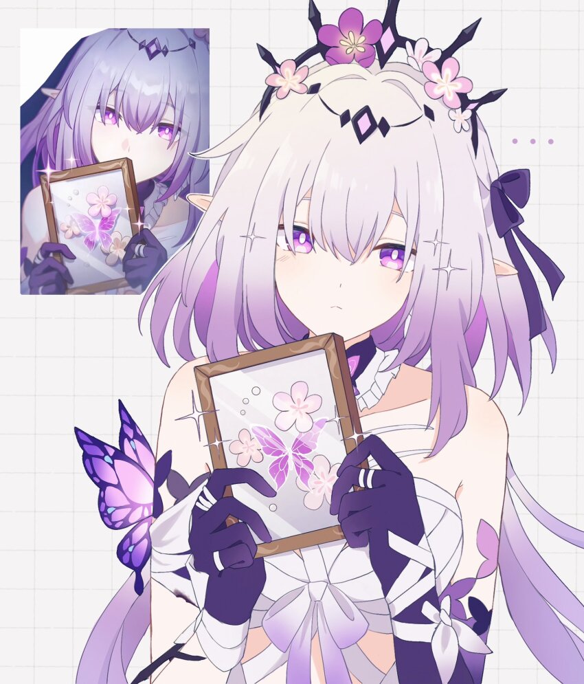 1girl, bow, bright_pupils, bug, butterfly, castorice_(honkai:_star_rail), detached_collar, detached_sleeves