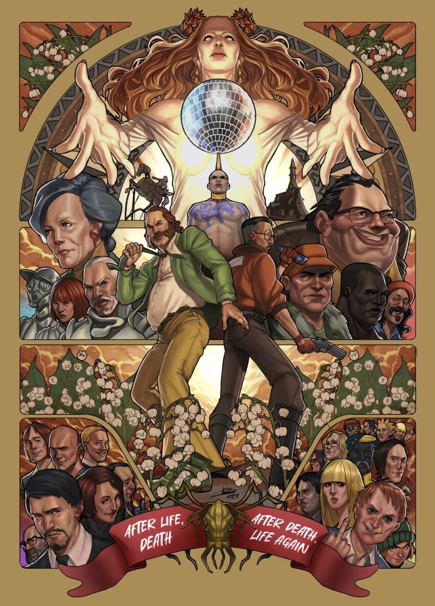 6+boys, 6+girls, acele_berger, alice_demettri, annotation_request, back-to-back, belt, bomber_jacket, brown_hair, call_me_manana_(disco_elysium), character_request, check_character, chest_tattoo, chester_mclaine, church, commentary, convenient_censoring, cuno, cunoesse_vittulainen, disco_ball, disco_elysium, dolores_dei, dress, egg_head_(disco_elysium), ellis_kortenaer, english_commentary, english_text, everyone, flower, full_body, gary_(disco_elysium), gloves, glowing_organ, green_jacket, gun, handgun, hanging, harry_du_bois, head_wreath, highres, holding, holding_gun, holding_weapon, horrific_necktie, horse, insulindian_phasmid, jacket, jean_vicquemare, joyce_leyton-messier, judit_minot, jules_pidieu, kim_kitsuragi, klaasje_amandou, lawrence_garte, lena_(disco_elysium), lily_of_the_valley, lungs, mack_torson, measurehead_(disco_elysium), mullet, multiple_boys, multiple_girls, nix_gottlieb, noid_(disco_elysium), nurve26, orange_gloves, orange_jacket, outstretched_arms, partially_annotated, pete_andre, renee_arnoux, shirt, shirt_tucked_in, source_quote, tattoo, topless_male, trant_heidelstam, weapon, white_dress, white_shirt