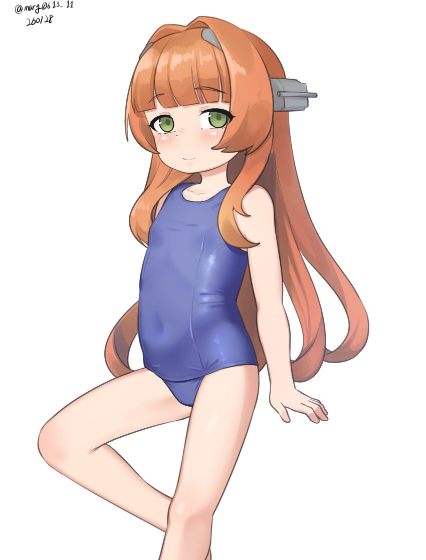 1girl, absurdres, aged_down, blue_one-piece_swimsuit, blunt_bangs, brown_hair, covered_navel, dated, flat_chest, green_eyes, headgear, helena_(kancolle), highres, kantai_collection, loli, long_hair, maru_(marg0613), old_school_swimsuit, one-hour_drawing_challenge, one-piece_swimsuit, school_swimsuit, simple_background, solo, swimsuit, twitter_username, white_background