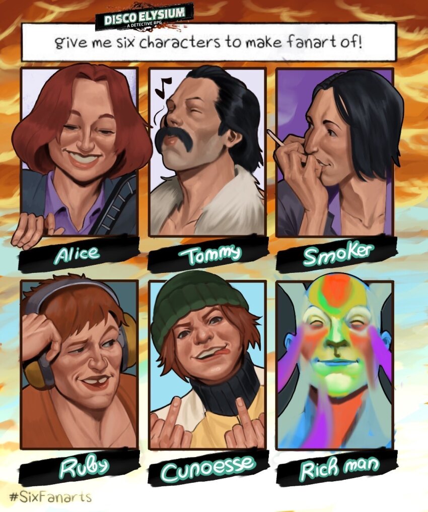 3boys, 3girls, alice_demettrie, beanie, black_hair, brown_hair, cigarette, collared_shirt, commentary, cunoesse_vittulainen, disco_elysium, double_middle_finger, english_commentary, facial_hair, fur_collar, hat, headphones, highres, holding, holding_cigarette, middle_finger, multiple_boys, multiple_drawing_challenge, multiple_girls, mustache, nurve26, purple_shirt, roustame_diodore, ruby_(disco_elysium), shirt, short_hair, six_fanarts_challenge, smile, smoke, smoke_trail, smoker_on_the_balcony_(disco_elysium), surreal, tommy_le_homme, tooth_gap