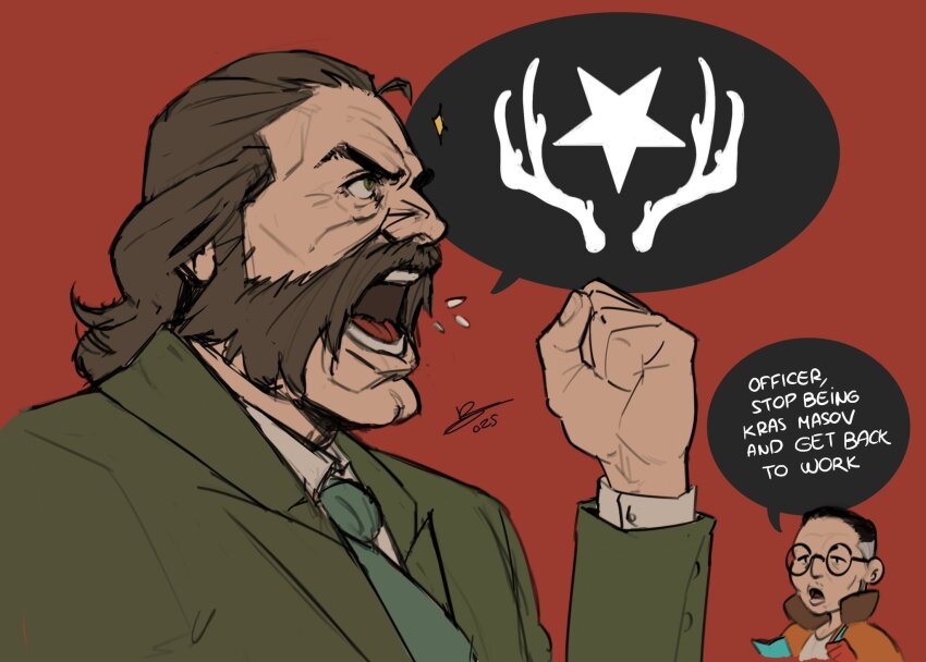 black_hair, brown_hair, buzz_cut, clenched_hand, collared_shirt, commentary, communism, disco_elysium