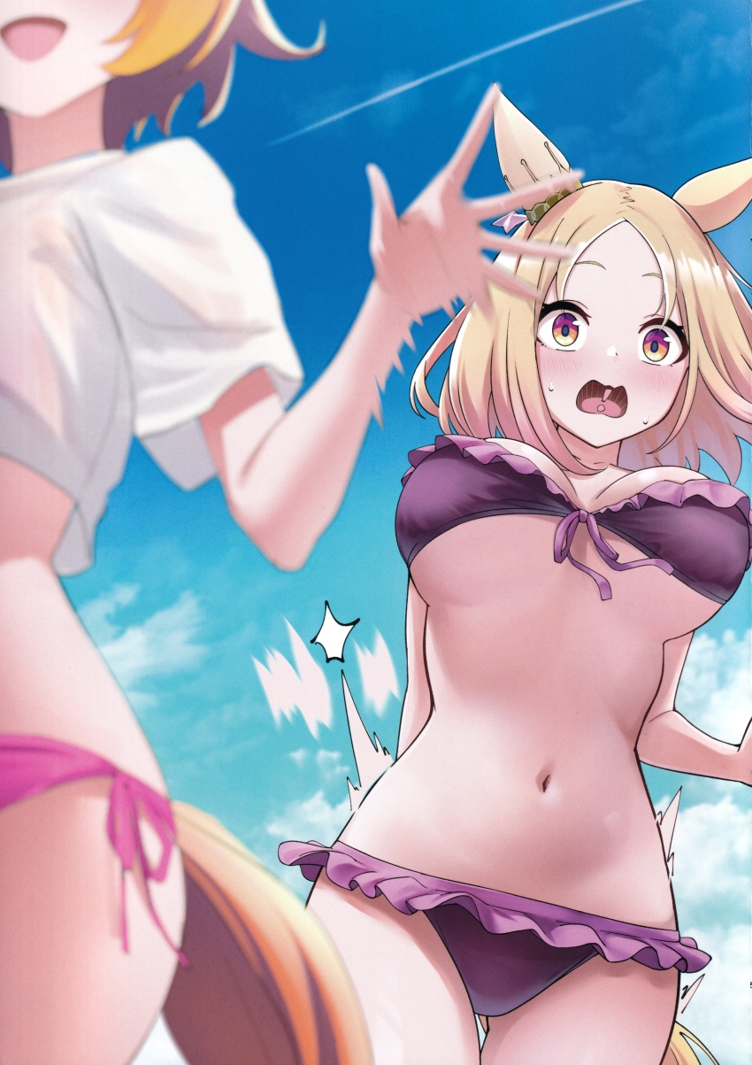 !, 2girls, :d, :o, absurdres, animal_ears, bikini, blonde_hair