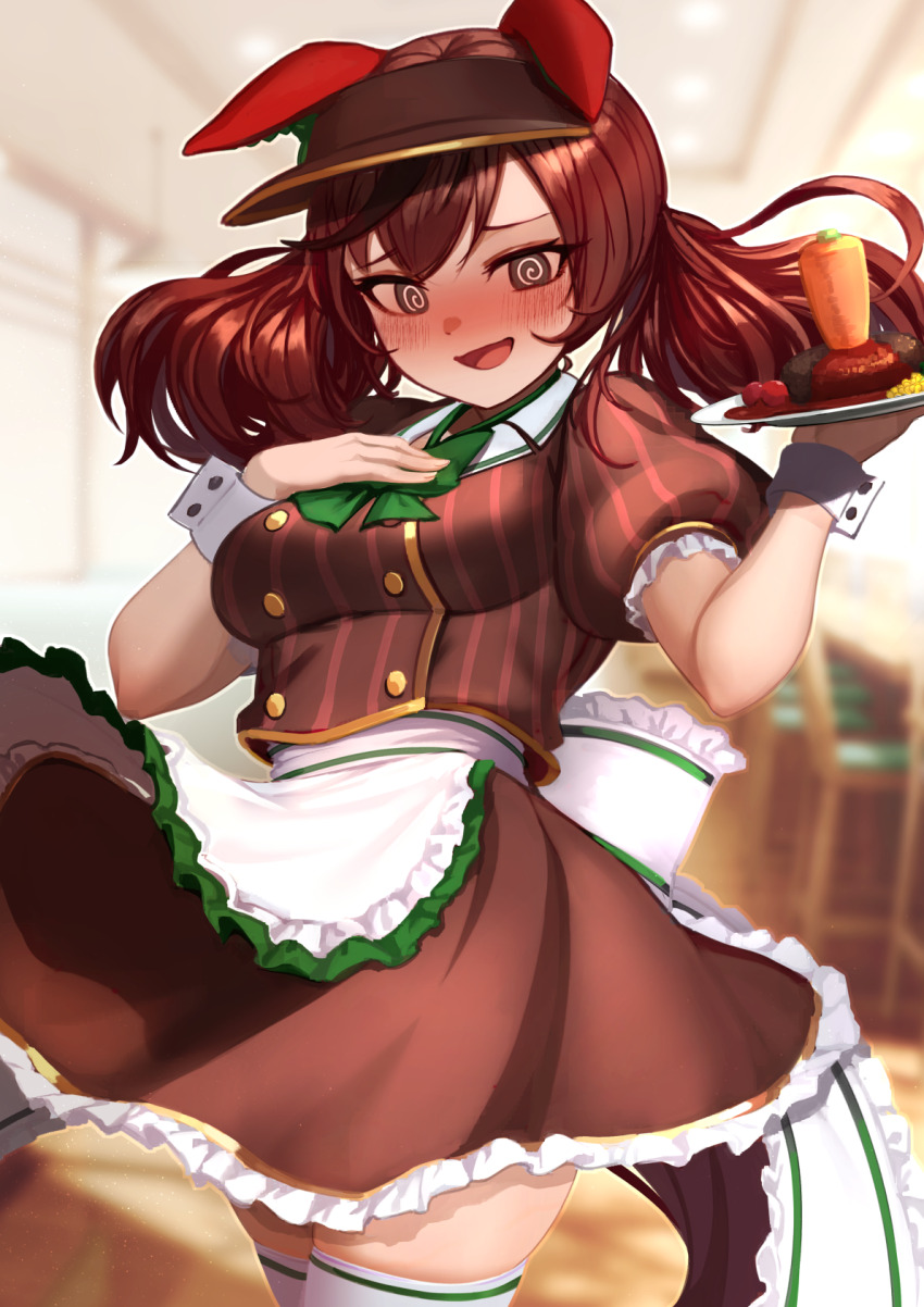 1girl, @_@, animal_ears, apron, blurry, blurry_background, blush, bow