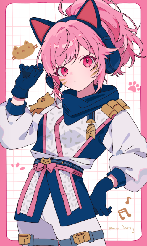 1girl, ahoge, animal_ear_headphones, animal_ears, animification, blue_gloves, border, cat_ear_headphones