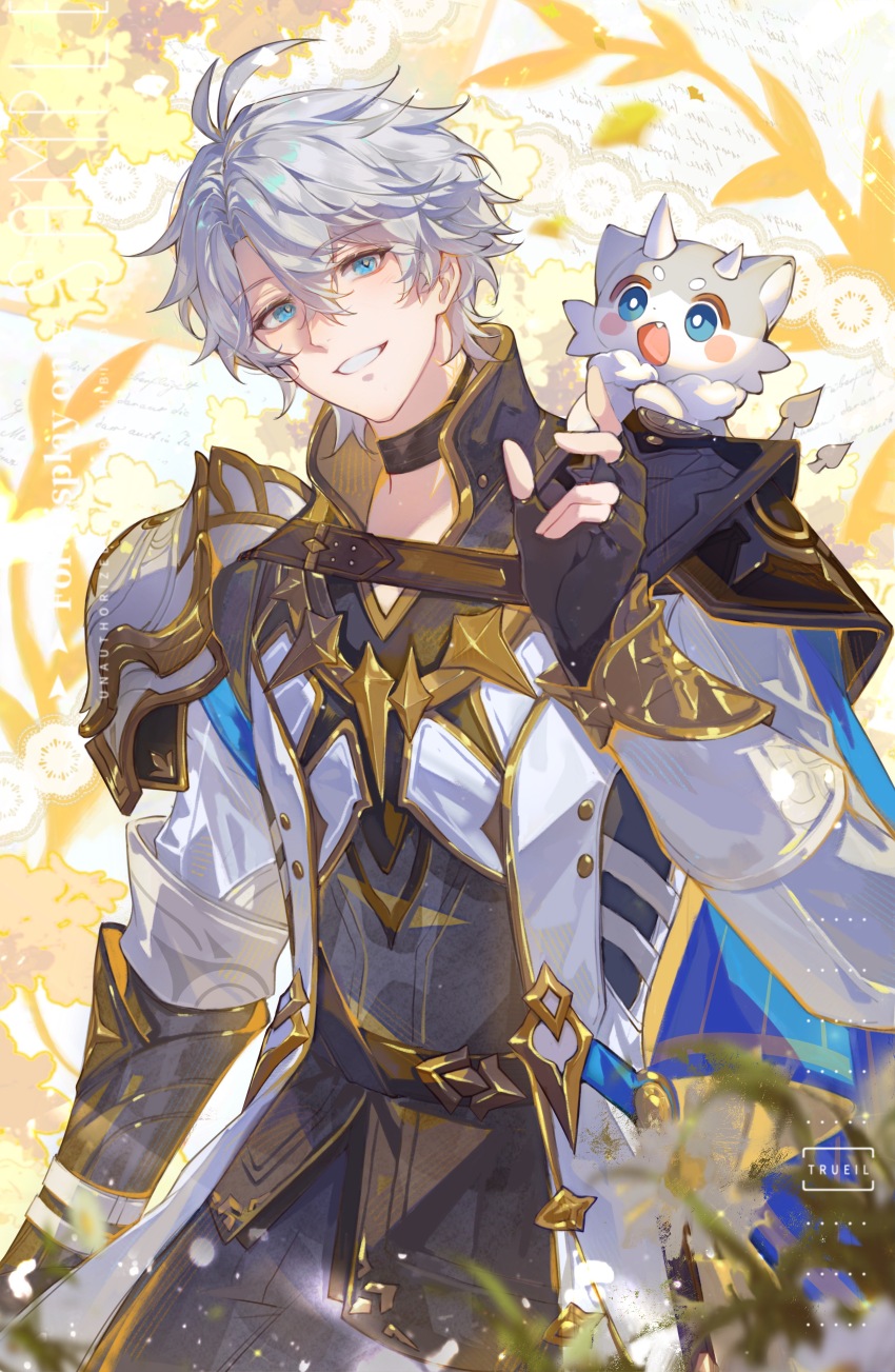 1boy, absurdres, antenna_hair, armor, black_choker, black_gloves, black_shirt, blue_cape