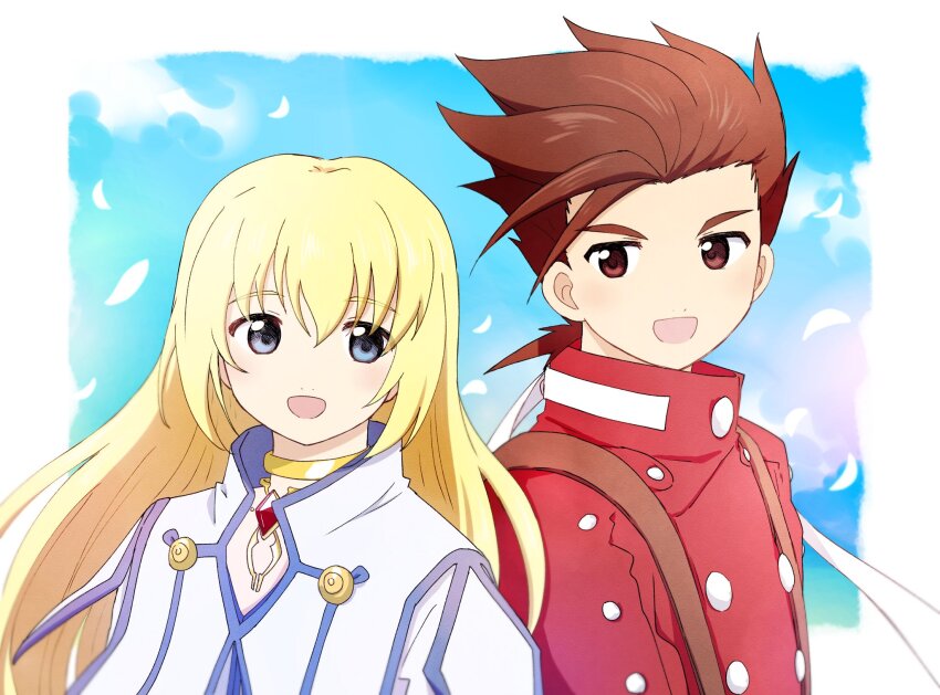 blonde_hair, blue_eyes, blue_sky, blue_trim, border, brown_eyes, brown_hair, chest_jewel