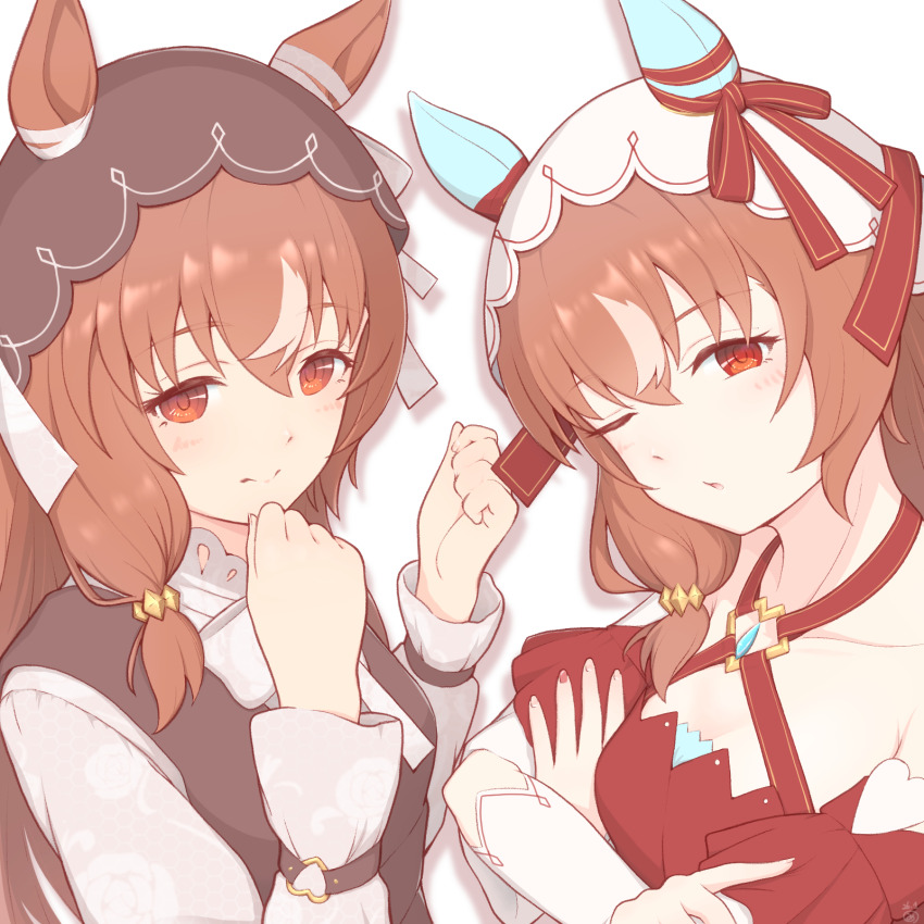 2girls, animal_ears, bow, breasts, brown_dress, brown_hair, brown_veil, closed_mouth
