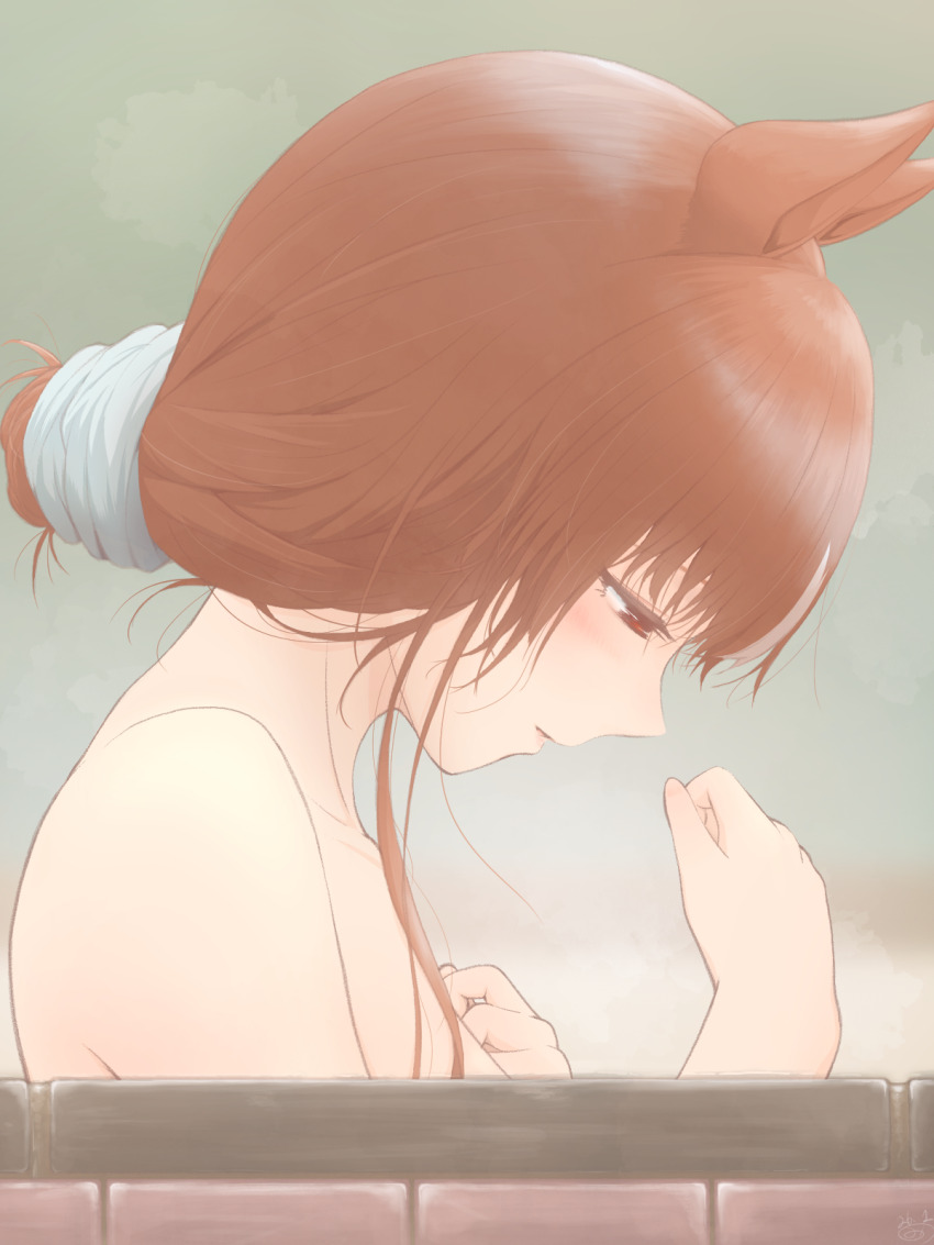 1girl, animal_ears, bare_shoulders, breasts, brown_hair, collarbone, commentary_request, from_side