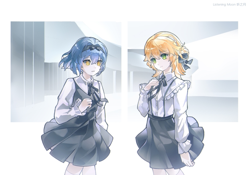 2girls, absurdres, aged_down, artist_name, bianca_(pgr), black_bow, black_dress, black_hairband