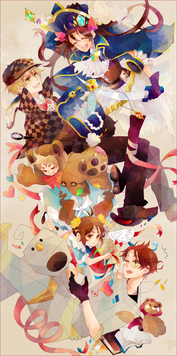 2girls, 3boys, ^_^, ahoge, alternate_costume, alternate_hairstyle, animal_costume, apron