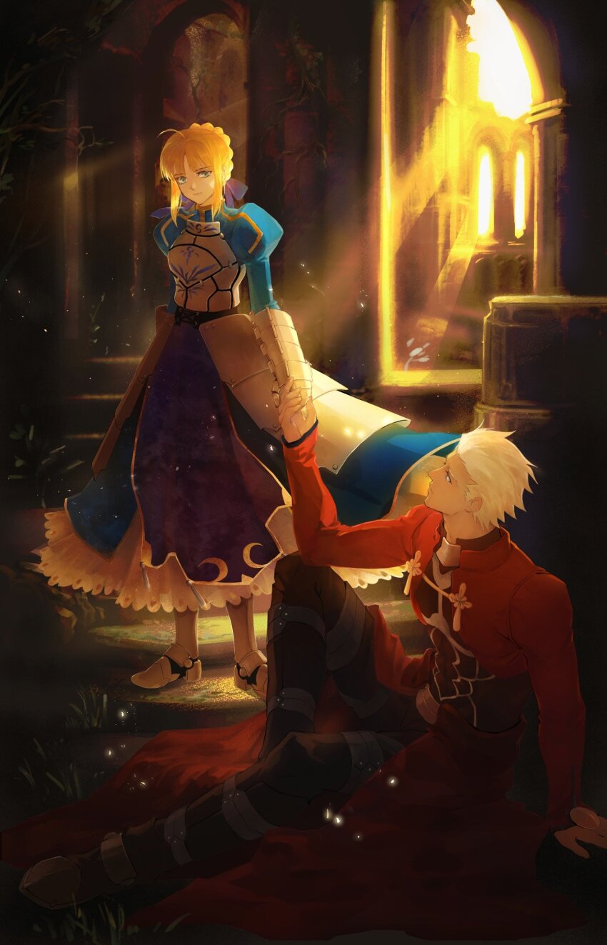 1boy, 1girl, antatica11, archer_(fate), armor, armored_dress, artoria_pendragon_(fate), blonde_hair