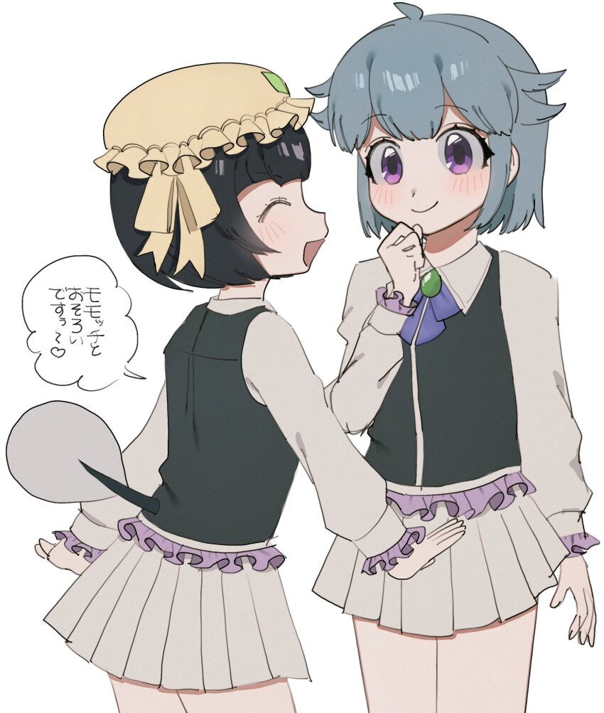 2girls, black_hair, blue_hair, blush, dress, highres, kemono_friends, kemono_friends_3