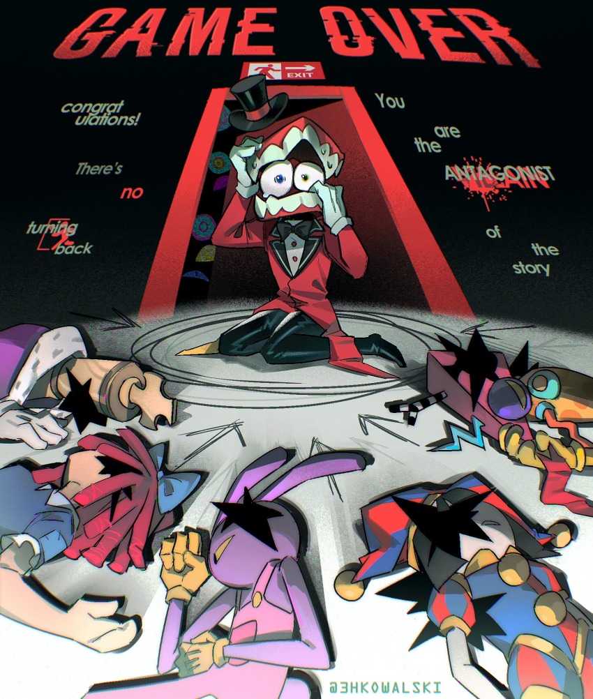 1other, 3boys, 3girls, 3hkowalski, abstraction_(the_amazing_digital_circus), artist_name, black_pants, caine_(the_amazing_digital_circus)