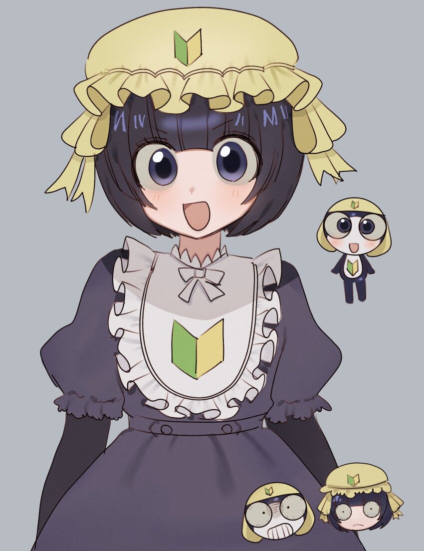 1girl, apron, black_dress, black_eyes, black_hair, commentary_request, dress, elbow_gloves