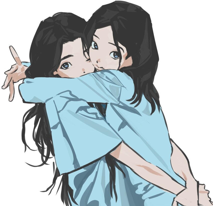 2girls, arms_around_neck, black_hair, blue_shirt, hair_over_one_eye, hashtag-only_commentary, highres, hug