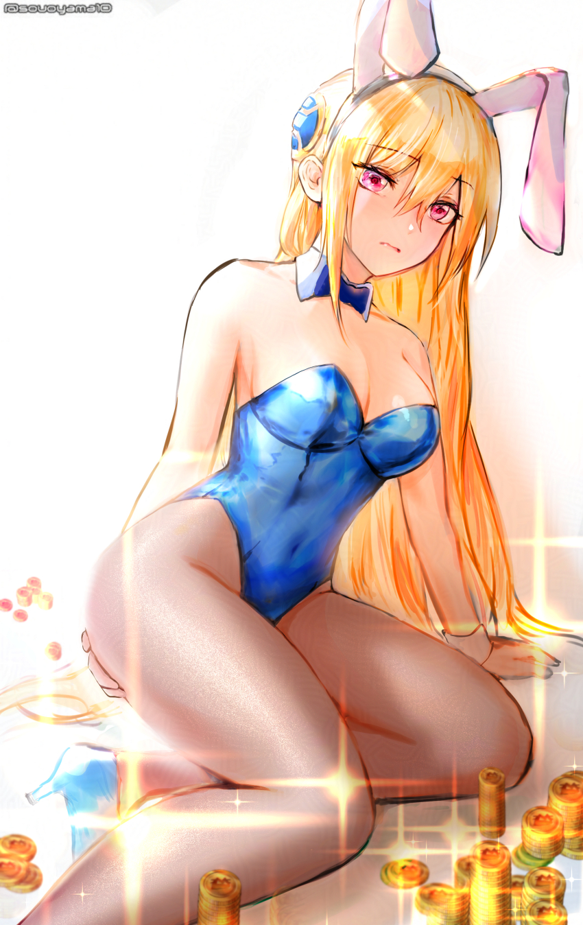 1girl, absurdres, alternate_costume, animal_ear_hairband, animal_ears, bare_shoulders, blonde_hair, blue_bow
