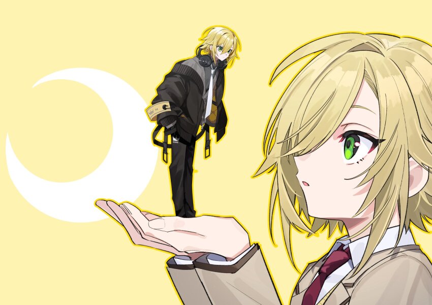2boys, black_jacket, blazer, blonde_hair, collared_shirt, commentary_request, crescent_moon, dual_persona