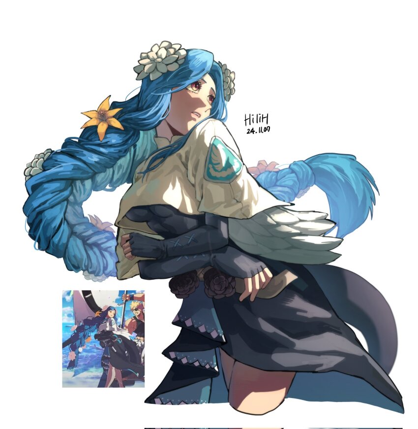 1girl, angel_wings, artist_name, black_dress, black_flower, blue_hair, braid, braided_ponytail, breasts, commentary, crop_top, crop_top_overhang, dated, dizzy_(guilty_gear), dress, fingerless_gloves, flower, front_slit, gloves, guilty_gear, guilty_gear_strive, hair_flower, hair_ornament, hashtag-only_commentary, highres, hilih_0107, long_hair, low-tied_long_hair, mature_female, medium_breasts, mother_and_child, mother_and_son, parent_and_child, parted_lips, queen_dizzy, red_eyes, shaded_face, sidelocks, simple_background, sin_kiske, skin_tight, solo, swept_bangs, tail, white_background, white_flower, wings, yellow_flower