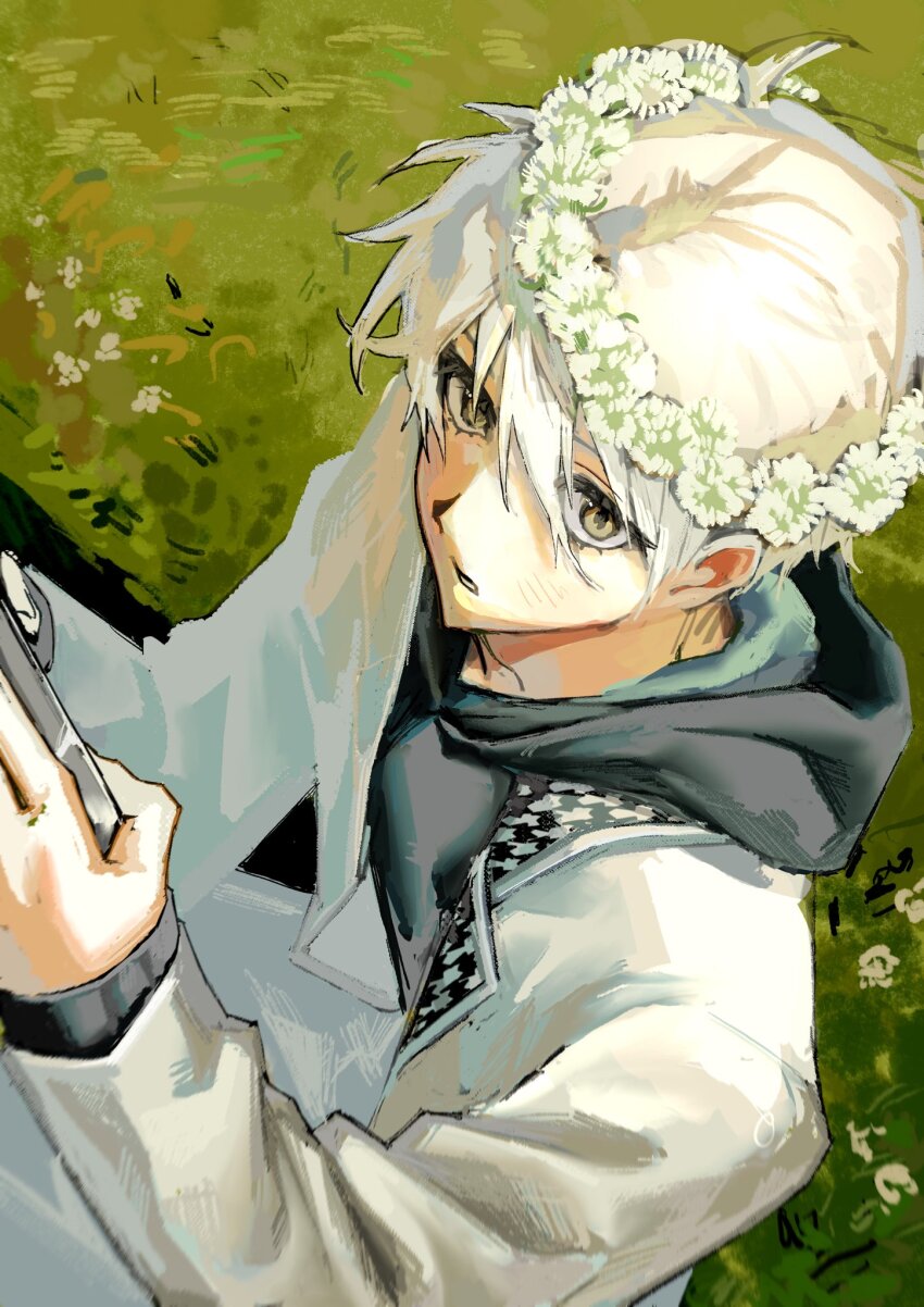 blue_lock, brown_eyes, cellphone, commentary_request, flower, grass, hair_between_eyes, hakuho_high_school_uniform