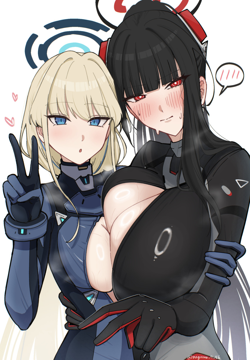 2girls, asymmetrical_docking, blue_archive, blue_eyes, blunt_bangs, blush, bodysuit, breast_press