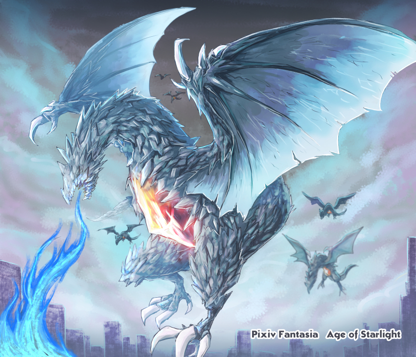 bloody_girl, breath_weapon, breathing_fire, building, cloud, commentary_request, copyright_name, dragon