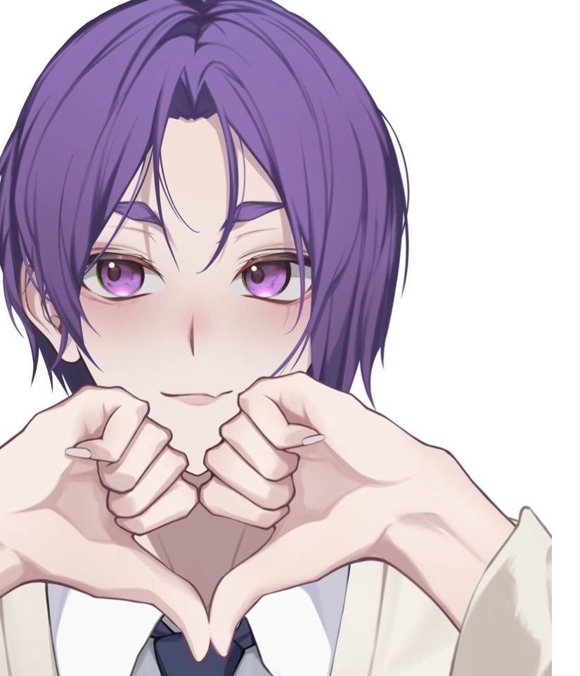 blue_lock, blush, commentary, heart, heart_hands, looking_to_the_side, mikage_reo, necktie, purple_eyes, purple_hair, saksan_1336, shirt, short_hair, smile, untranslatable_commentary, white_background, white_shirt