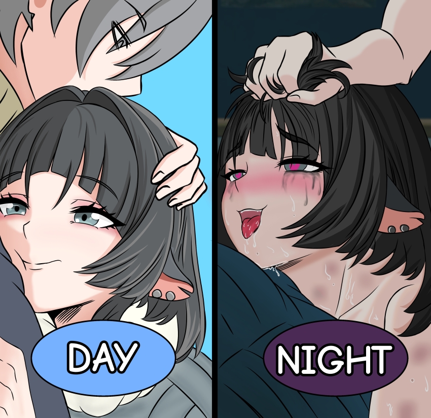 1boy, 1girl, absurdres, ahegao, animal_ears, black_hair, blush, brice, corruption, grey_hair, heart, heart-shaped_pupils, heart_in_eye, hickey, highres, hug, jane_doe_(zenless_zone_zero), long_hair, makeup, mind_break, mouse_ears, runny_makeup, smile, sweat, symbol-shaped_pupils, symbol_in_eye, tongue, tongue_out, wise_(zenless_zone_zero), zenless_zone_zero