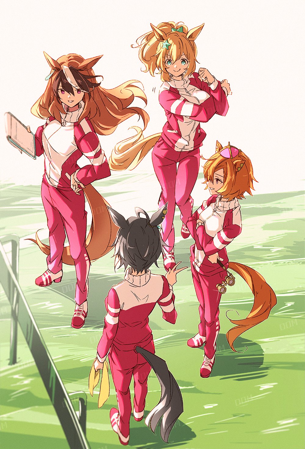 4girls, animal_ears, black_hair, blonde_hair, breasts, brown_hair, commentary_request, crown