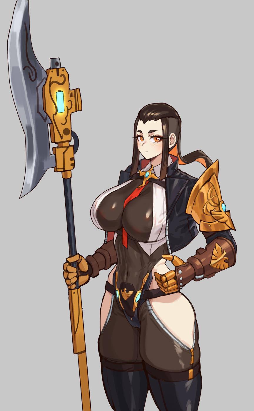 1girl, adeptus_custodes, armor, belt, between_breasts, black_bodysuit, black_hair, black_jacket, bodysuit, breasts, clothing_cutout, commentary, cowboy_shot, english_commentary, gauntlets, genderswap, genderswap_(mtf), grey_background, highres, hip_vent, holding, holding_polearm, holding_weapon, huge_weapon, jacket, large_breasts, looking_at_viewer, necktie, orange_eyes, podobrick, polearm, red_necktie, shoulder_armor, sidelocks, undercut, unworn_headwear, valdor, warhammer_40k, weapon, zipper