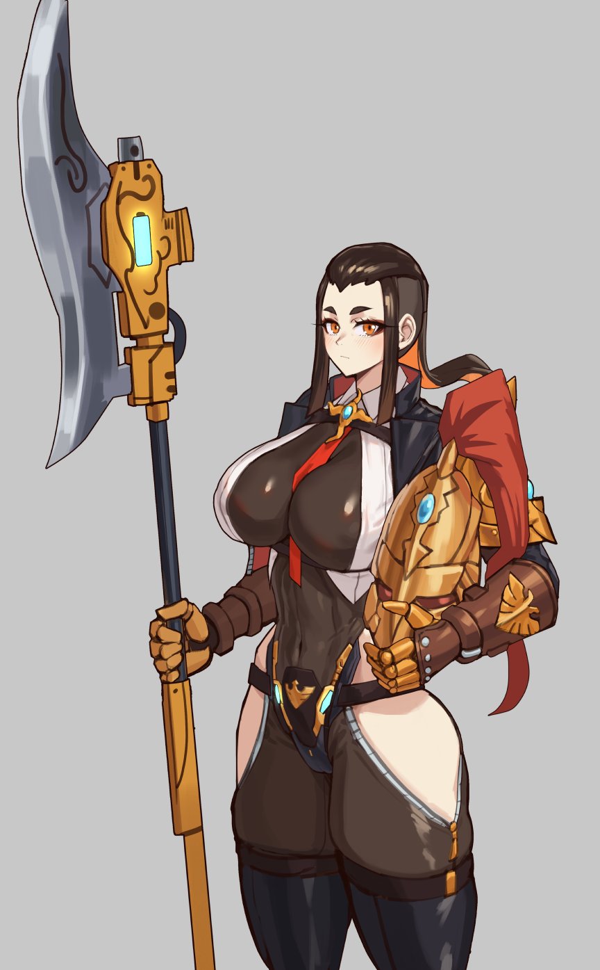 1girl, adeptus_custodes, belt, between_breasts, black_bodysuit, black_hair, black_jacket, bodysuit, breasts, clothing_cutout, commentary, cowboy_shot, english_commentary, gauntlets, genderswap, genderswap_(mtf), grey_background, helmet, highres, hip_vent, holding, holding_polearm, holding_unworn_helmet, holding_weapon, huge_weapon, jacket, large_breasts, looking_at_viewer, necktie, orange_eyes, podobrick, polearm, red_necktie, sidelocks, tassel, undercut, unworn_headwear, unworn_helmet, valdor, warhammer_40k, weapon, zipper
