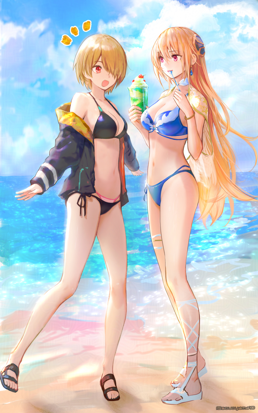 2girls, absurdres, beach, bikini, black_bikini, black_jacket, black_sandals, blonde_hair