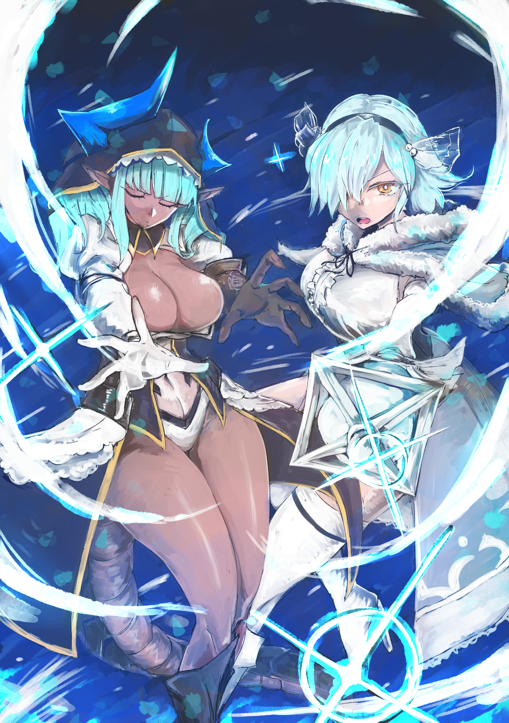 2girls, asymmetrical_horns, bloody_girl, blue_background, blue_hair, blue_horns, blunt_bangs, breasts, brown_gloves, cleavage, closed_eyes, coat, commentary_request, dark-skinned_female, dark_skin, freezer_(pixiv_fantasia_last_saga), glint, gloves, hair_over_one_eye, highres, holding, holding_wand, hood, hood_down, horns, large_breasts, magic, magna_elixiel, multiple_girls, pixiv_fantasia, pixiv_fantasia_last_saga, pointy_ears, short_hair, sparkle, tail, thighhighs, wand, white_gloves, white_thighhighs, yellow_eyes