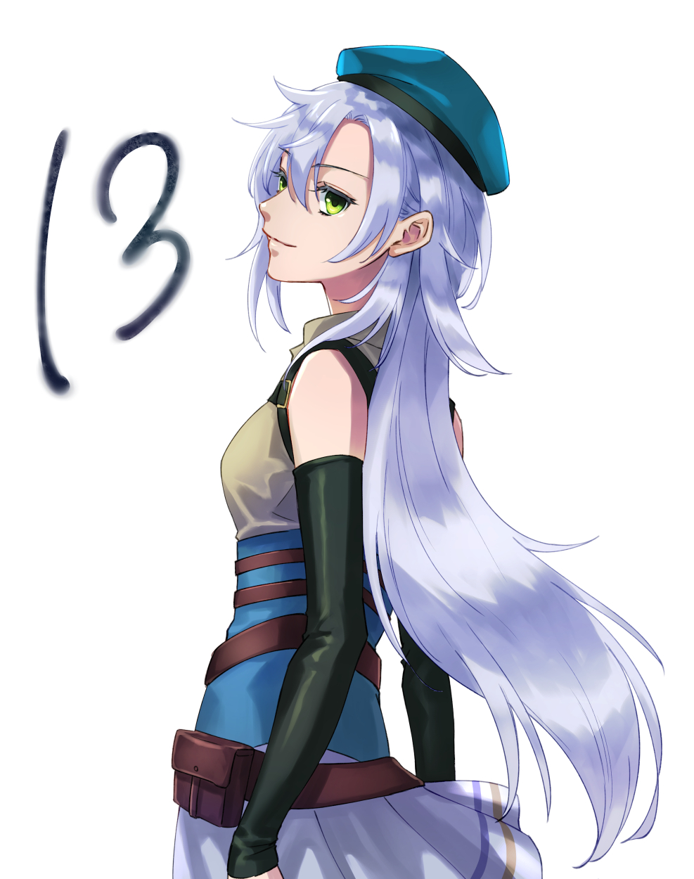 1girl, bare_shoulders, beret, blue_hat, bob_cut, breasts, closed_mouth, clothes_lift, commentary_request, countdown, detached_sleeves, eiyuu_densetsu, fie_claussell, floating_hair, from_side, green_eyes, hair_between_eyes, hat, highres, kuro_no_kiseki_(series), kuro_no_kiseki_i, lll15u18, long_hair, looking_at_viewer, parted_bangs, simple_background, skirt, skirt_lift, small_breasts, smile, solo, upper_body, white_background, white_hair