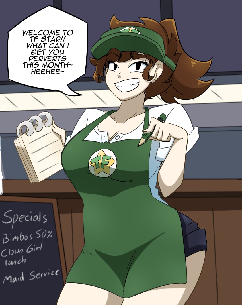 absurdres, apron, blackboard_sign, brown_eyes, brown_hair, green_apron, green_visor, high_ponytail