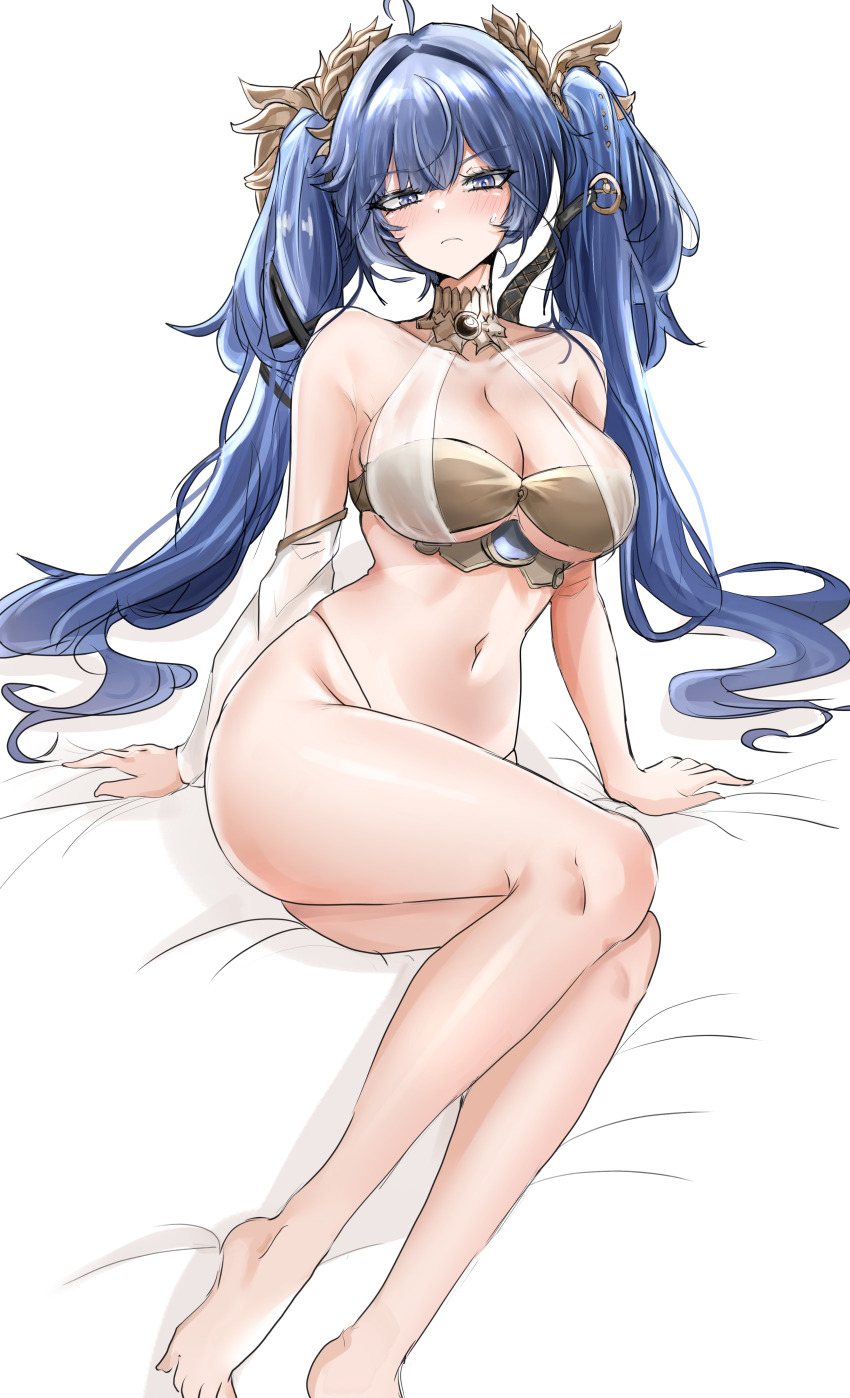 1girl, absurdres, ahoge, ancient_greek_clothes, bare_shoulders, blue_eyes, blue_hair, blush, breasts, cleavage, commentary_request, gold_bra, greco-roman_clothes, hair_between_eyes, highres, hoduchamchi, iuno_(wuthering_waves), jewelry, korean_commentary, large_breasts, laurel_crown, long_hair, looking_at_viewer, multicolored_hair, navel, on_bed, sitting, solo, streaked_hair, twintails, wuthering_waves