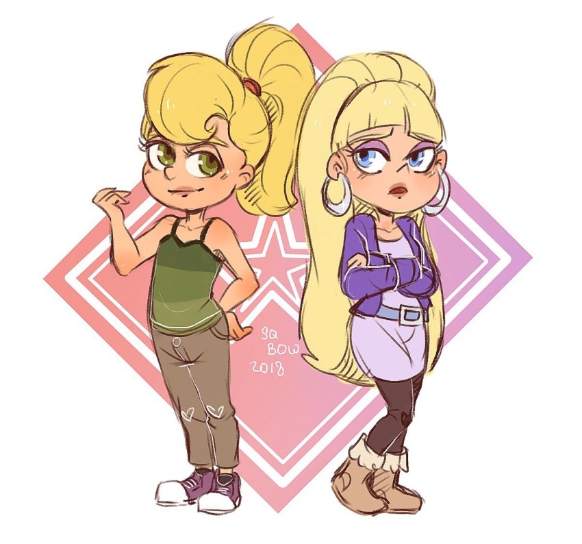 blonde_hair, blunt_bangs, breasts, child, cindy_vortex, color_connection, dress, earrings