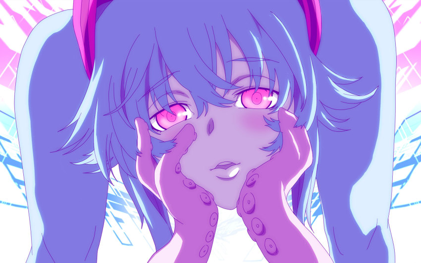 blush, fusion, hatsune_miku, head, highres, megurine_luka, mirai_nikki, no_humans