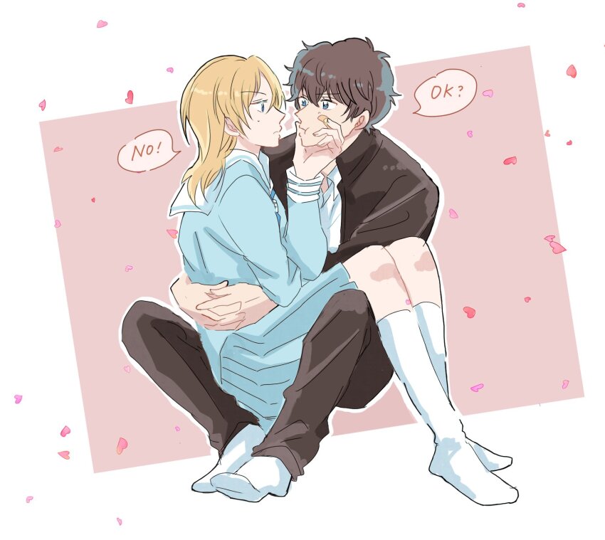 1boy, 1girl, bandaid, bandaid_on_face, beeemaru02, blonde_hair, blue_eyes, commentary_request