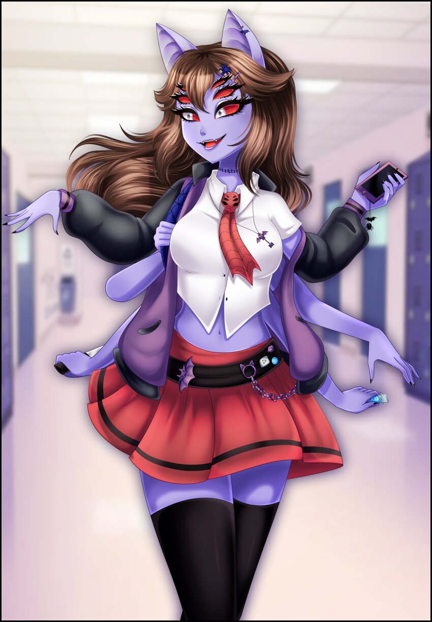 1girl, absurdres, animal_ears, arthropod_girl, bat_ears, black_thighhighs, breasts, brown_hair, cellphone, cellphone_charm, charm_(object), colored_sclera, colored_skin, dante_will, dante_will_(spider), dress, extra_arms, extra_eyes, fingernails, highres, holding, holding_knife, holding_phone, insect_girl, knife, large_breasts, long_hair, long_sleeves, monster_girl, my_candy_love, navel, necktie, neobaka, phone, pleated_skirt, portuguese_commentary, purple_skin, raposavioleta, red_sclera, school_uniform, sharp_fingernails, shirt, skirt, smartphone, smile, spider_girl, thighhighs, virtual_youtuber, white_shirt