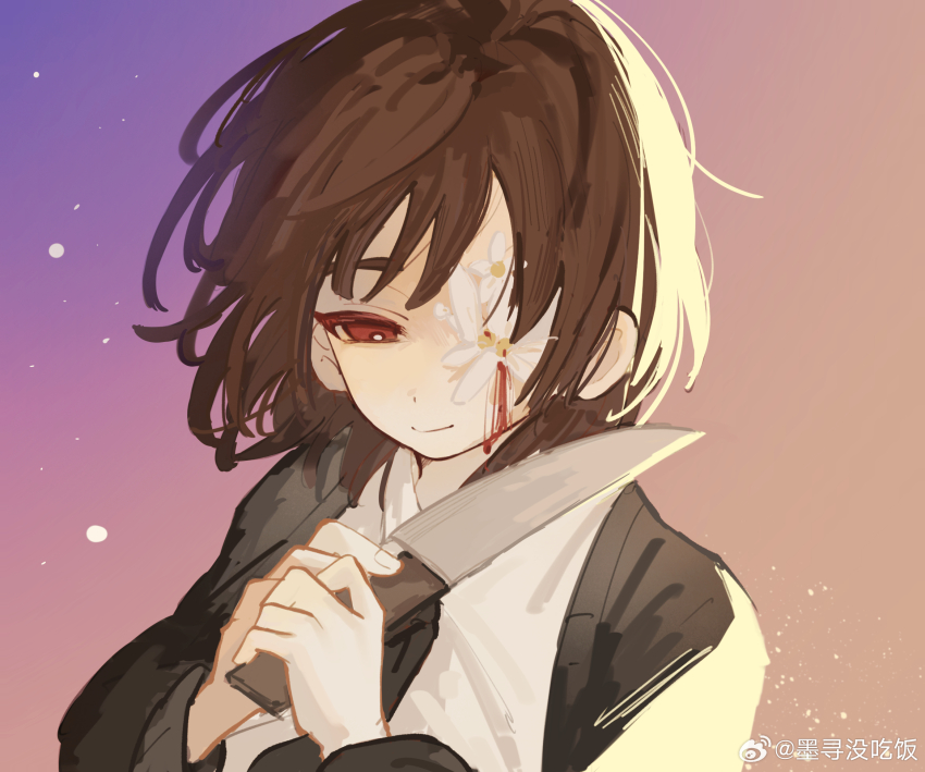 1boy, black_cardigan, black_hair, black_necktie, blackseek, blade_to_own_throat, blade_to_throat, blood