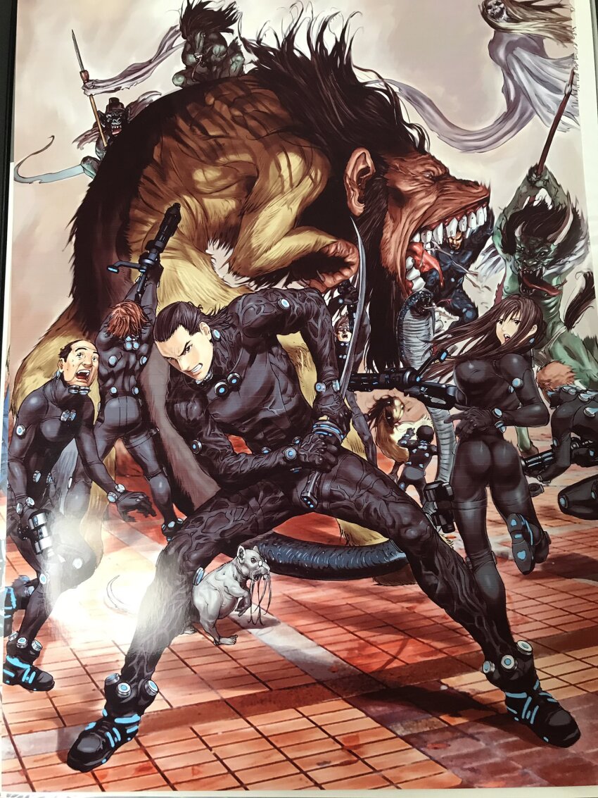 1girl, 6+boys, 6+others, battle, beard, black_bodysuit, black_hair, bodysuit