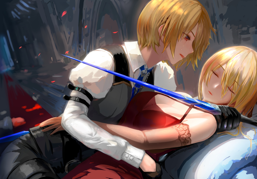 2girls, =_=, blonde_hair, blue_necktie, breasts, cleavage, closed_eyes, closed_mouth
