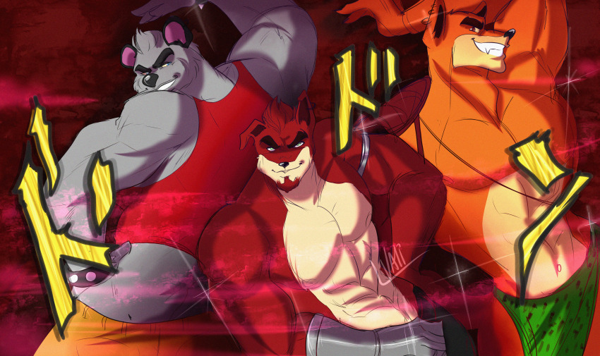 3boys, abs, absurdres, animal_ears, animal_nose, bara, bracelet, crash_bandicoot_(series)