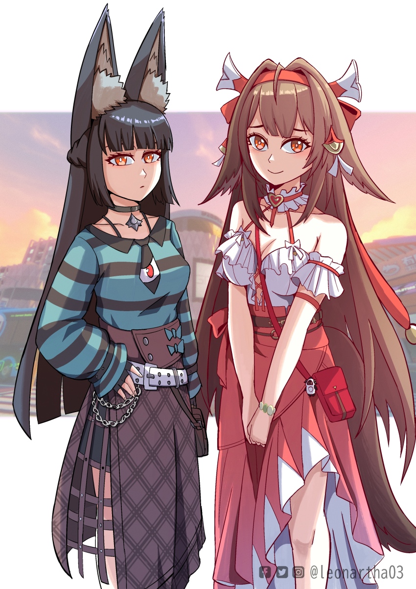 2girls, absurdres, animal_ears, belt, black_hair, bracelet, breasts, collarbone