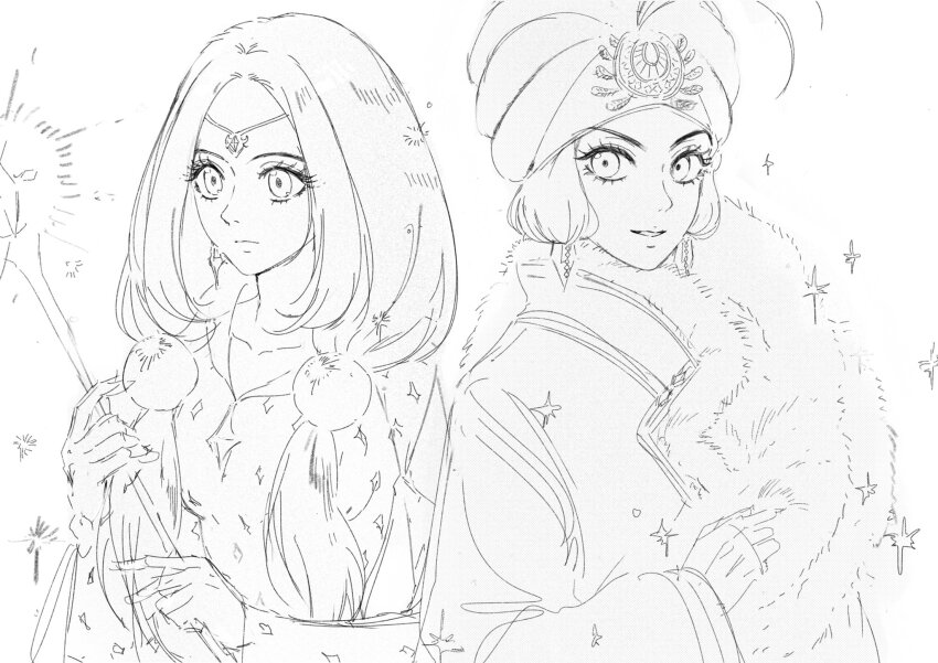 2drucy, 2girls, candy_mieux, cinnamon_meilleure, commentary_request, earrings, eyelashes, greyscale, hat, high_collar, highres, holding, holding_scepter, jewelry, korean_commentary, looking_at_viewer, monochrome, multiple_girls, scepter, simple_background, sparkle, sugar_sugar_rune, twintails, upper_body, wide_sleeves