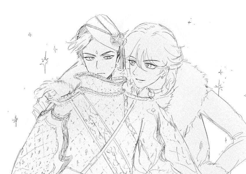 2boys, 2drucy, coat, commentary_request, fur-trimmed_coat, fur_trim, glacier_(sugar_sugar_rune), greyscale, hair_between_eyes, hat, high_collar, highres, korean_commentary, male_focus, medium_hair, monochrome, multiple_boys, rockin'_robin_(sugar_sugar_rune), short_hair, smile, sugar_sugar_rune, sweatdrop, upper_body